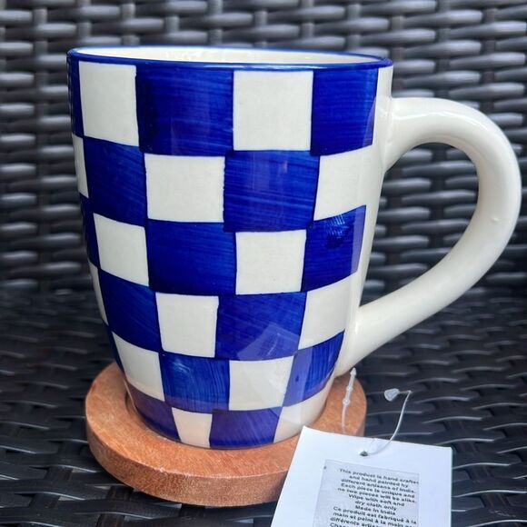 Blue and White Checkered Mug with Wooden Coaster - Picture 3 of 11